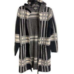 Oliver O‎ M Knit Hooded Plaid Colorblock Cardigan Sweater Fall Winter